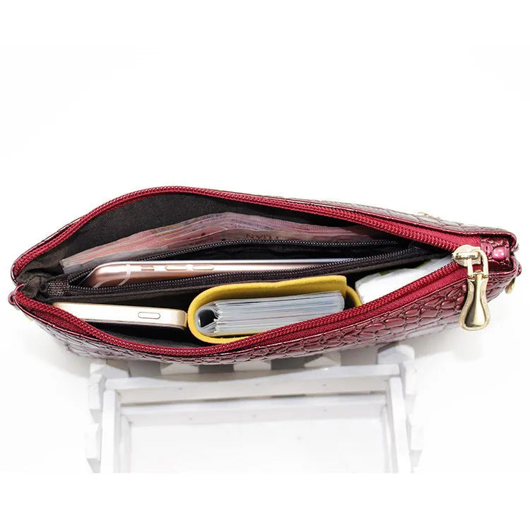 Women's PU shoulder messenger bag, horizontal square shape, 24cm width, in purplish red with soft finish and lining cloth