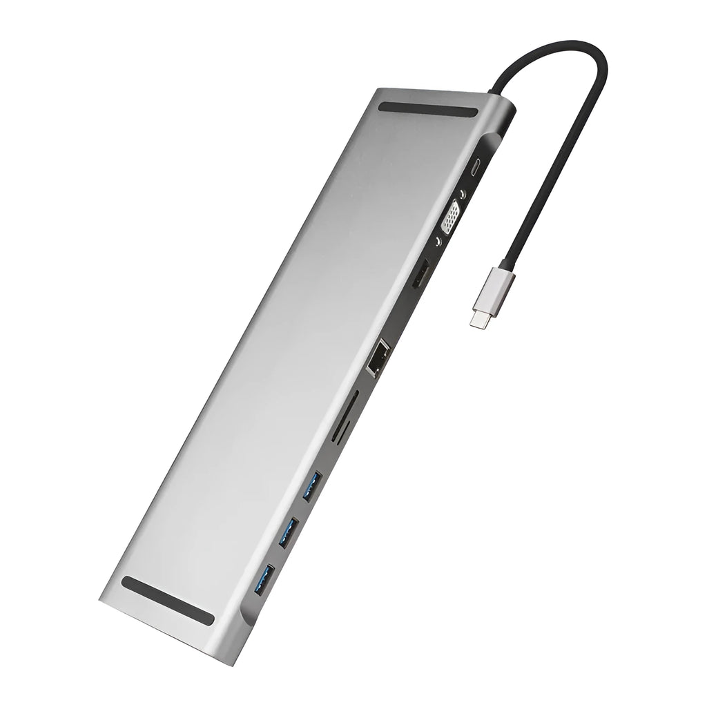 Black and grey aluminium USB-C hub docking station with ten ports and an integrated laptop cooling bracket.