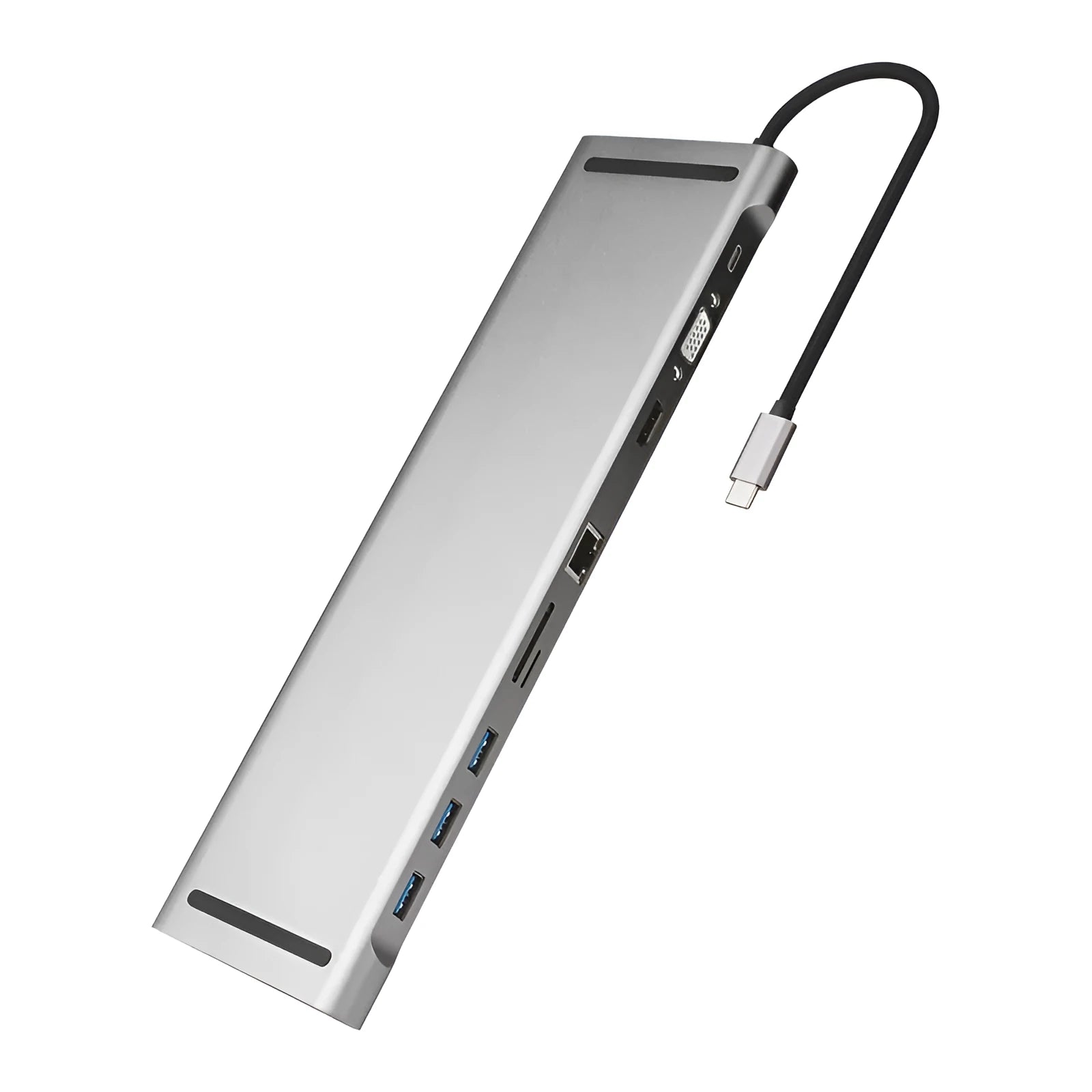 Black and grey aluminium USB-C hub docking station with ten ports and an integrated laptop cooling bracket.
