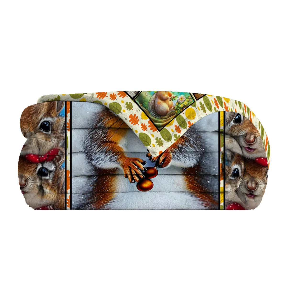 Yellow flannel blanket with white bellied squirrel print, 130x150cm, on a sofa