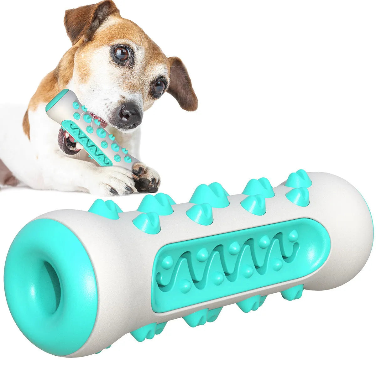 Colourful natural rubber dog dental chew stick with textured cleaning surface for small medium dogs.
