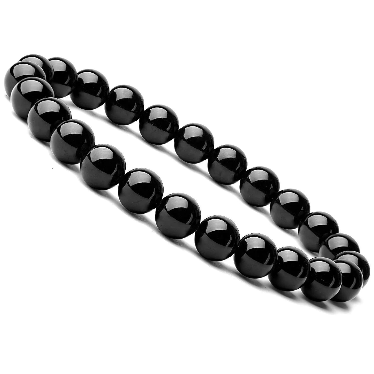Black onyx geometric bead bracelet with elastic cord on a wrist.