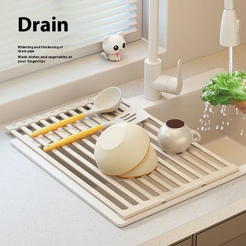 Foldable milky white stainless steel kitchen draining rack shown open and closed, with size options from 32cm to 55cm wide.