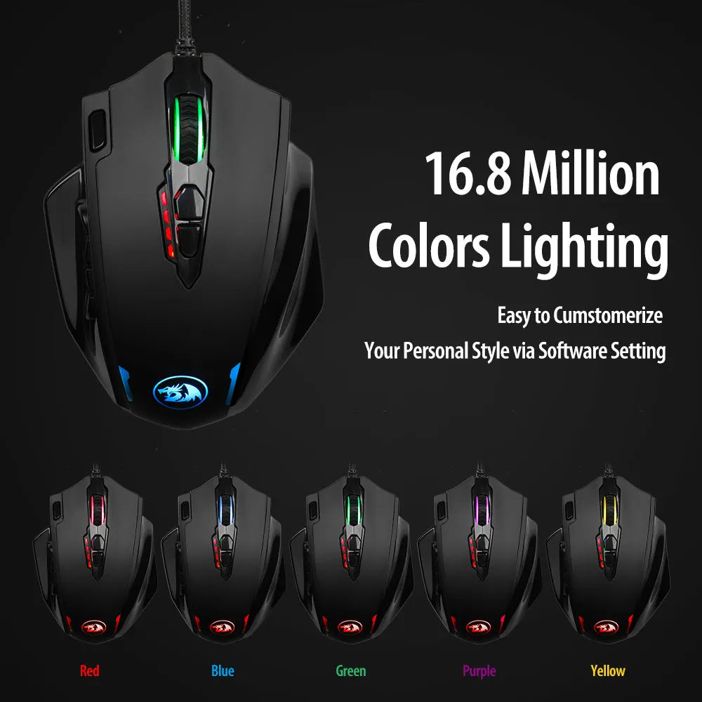Redragon M908 black one-hander gaming mouse with ergonomic contour and adjustable weight system
