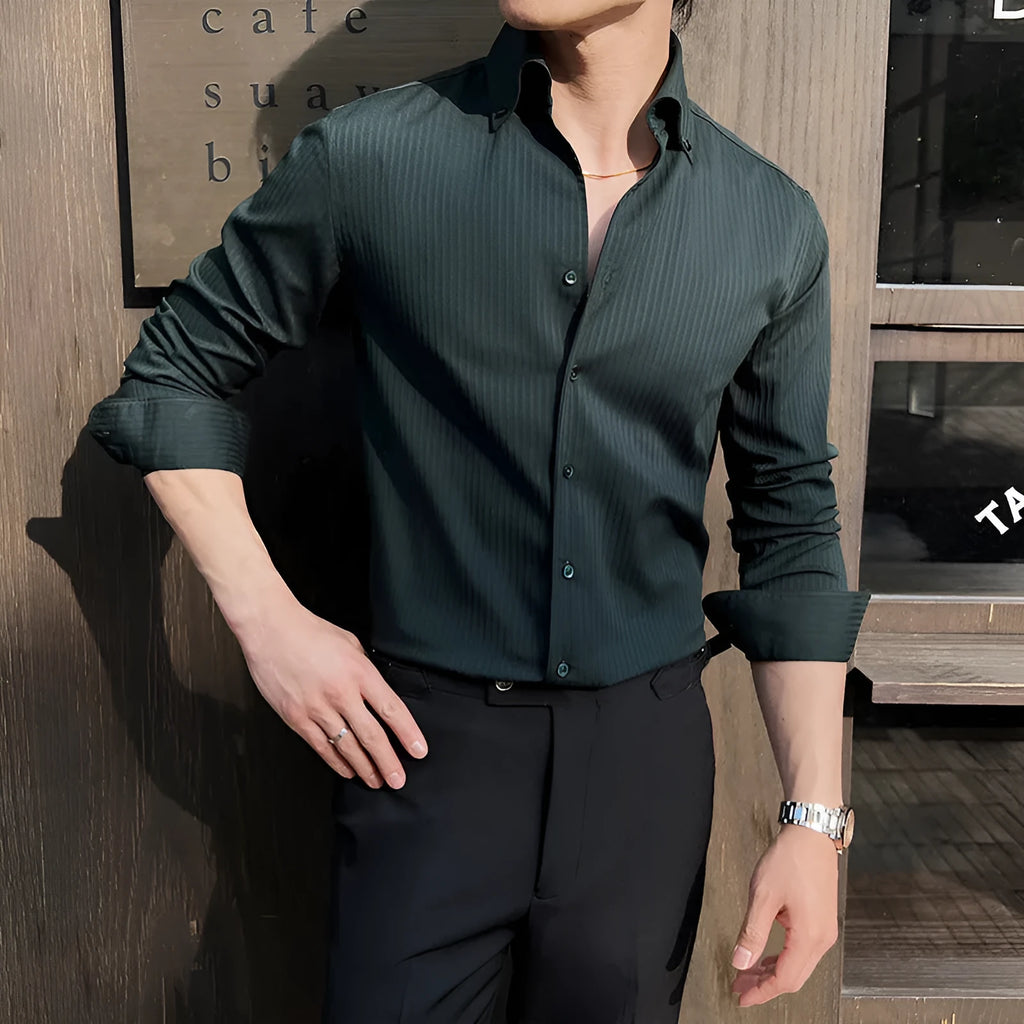 Men's dark stripes V-neck long sleeve casual shirt in polyester blend fabric