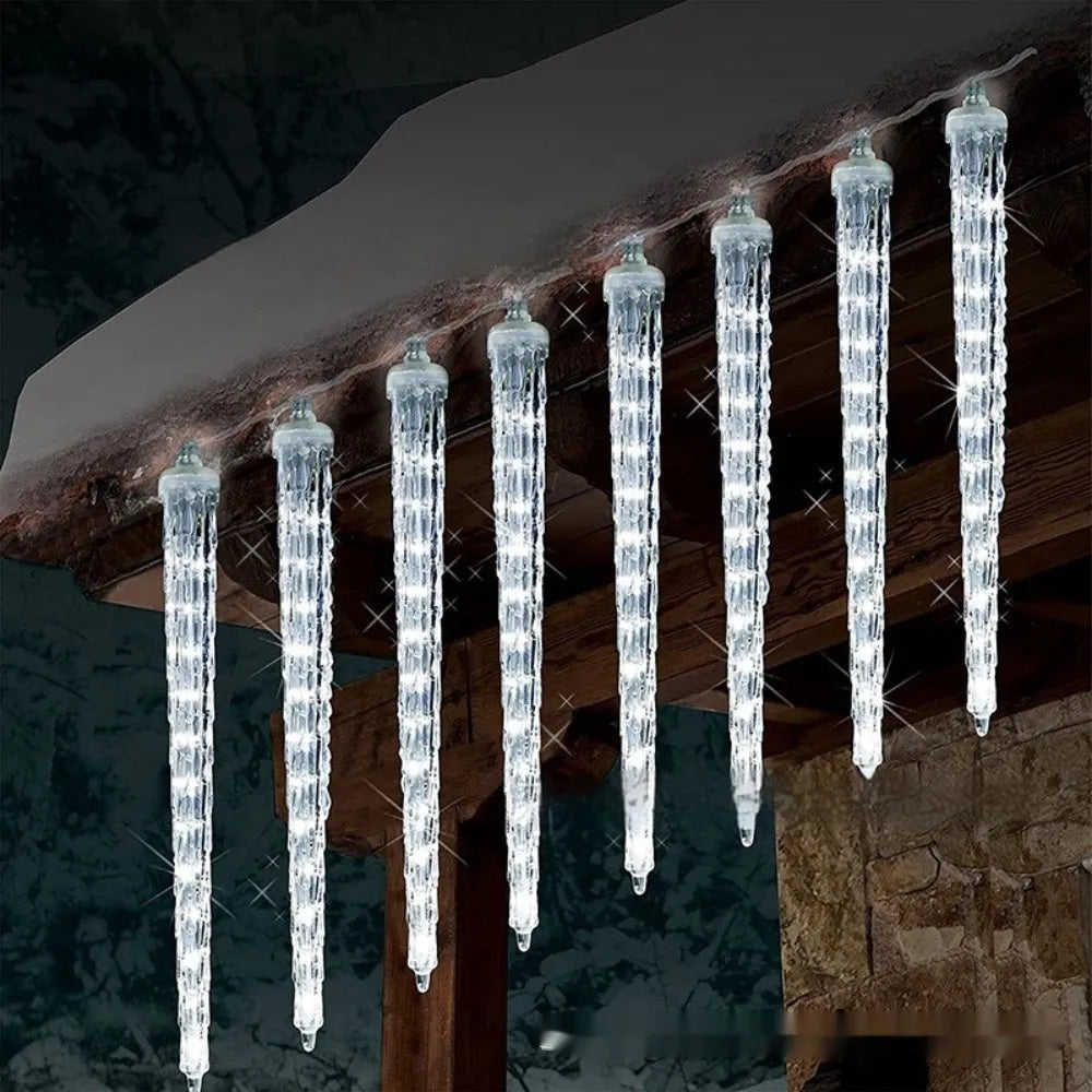 Solar-powered ice cone shaped meteor shower LED festoon lamp for outdoor garden lighting.