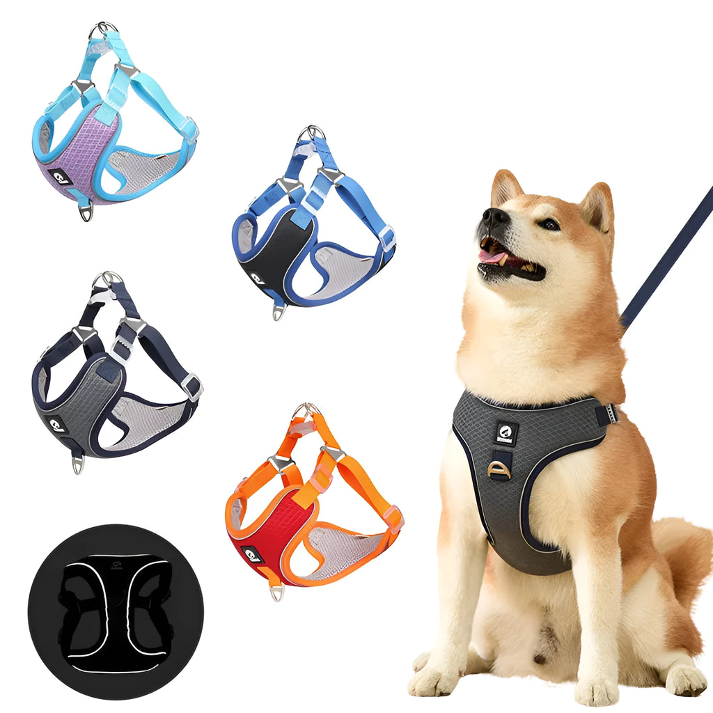 Adjustable breathable dog harness with reflective piping in black red grey light purple