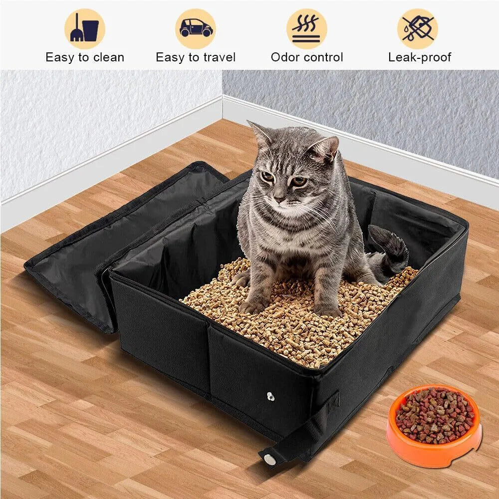 Black 600D Oxford cloth folding cat litter box open on floor showing 40x30x15cm size