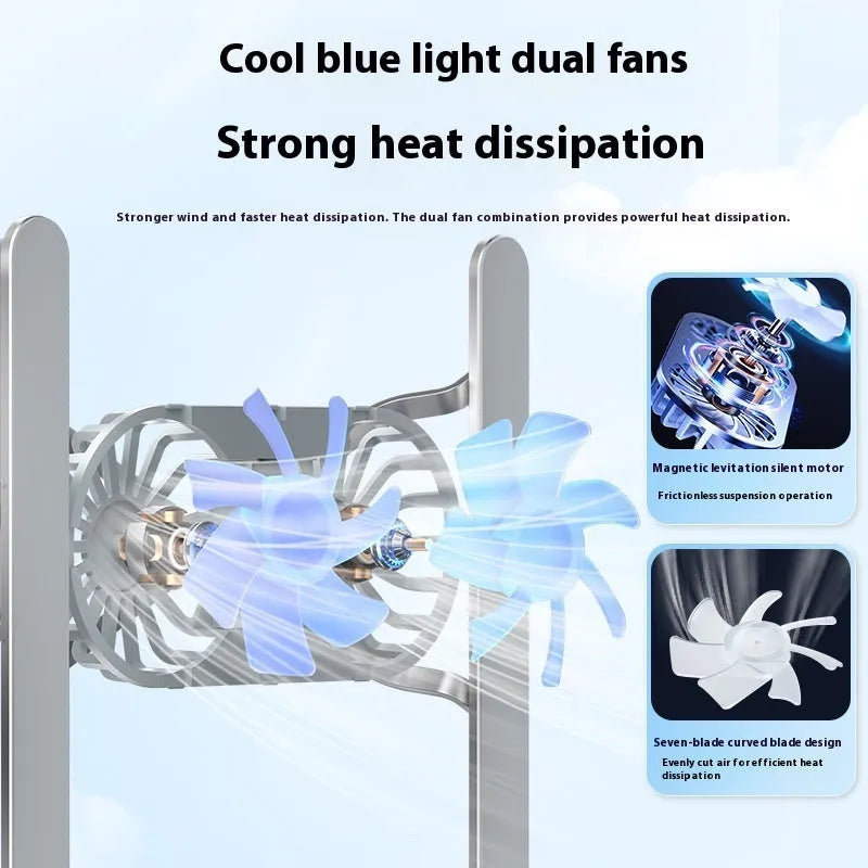 Silver aluminium alloy laptop cooling stand with dual fans in a raised, open position on a desk.