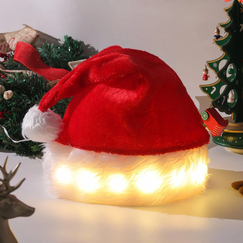 Red and white plush Santa hat with LED lights glowing in multiple colours, pom-pom decoration