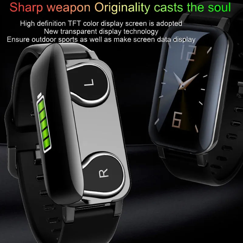 Call Bracelet smart fitness tracker on a wrist showing heart rate data, available in black, blue, and coffee colours.