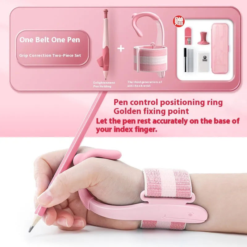 Blue Anti-hook Holder Pen Control Corrector, a wrist brace and pencil grip for children's handwriting.