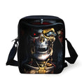 Children's skull pattern messenger bag in polyester, showing double straps and zipper opening.