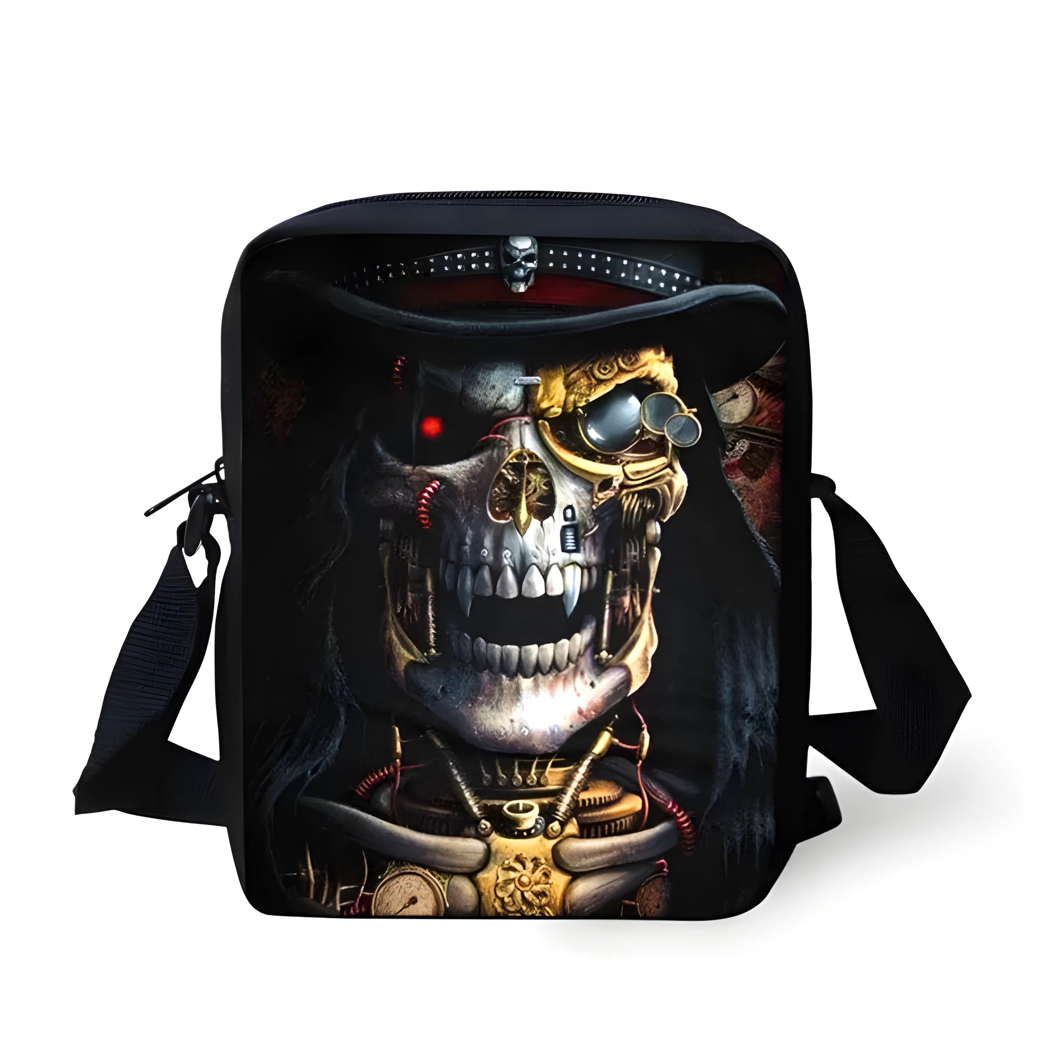 Children's skull pattern messenger bag in polyester, showing double straps and zipper opening.