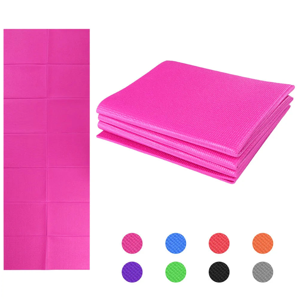 Non slip folding yoga mat in blue, 173x61x0.4cm PVC, with handles and zippered cover