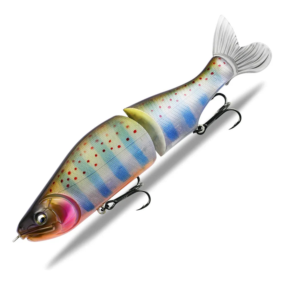 185mm plastic bass fishing swimming bait showing colour options and length measurement