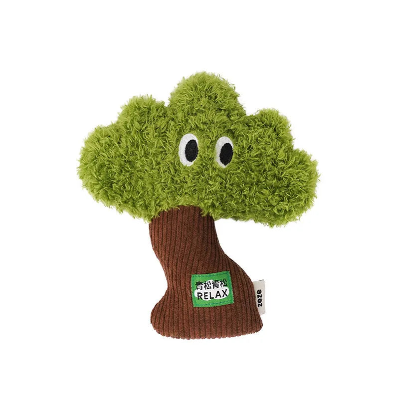 Green pine tree shaped fabric cat toy bag with hanging loop.