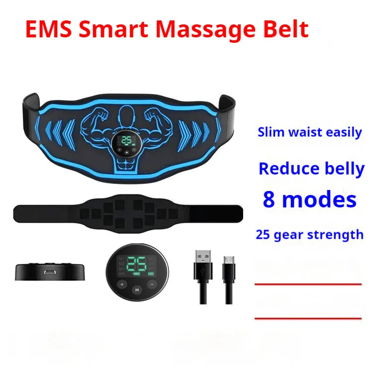 EMS smart massage belt fitness equipment in blue and orange colours with rechargeable host unit