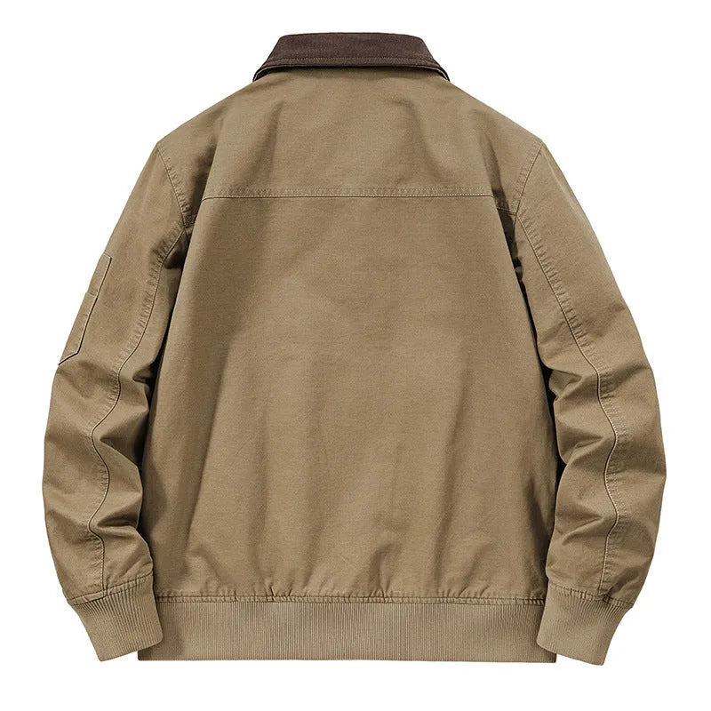Men's plus size washed cotton baseball jacket shown in available colours