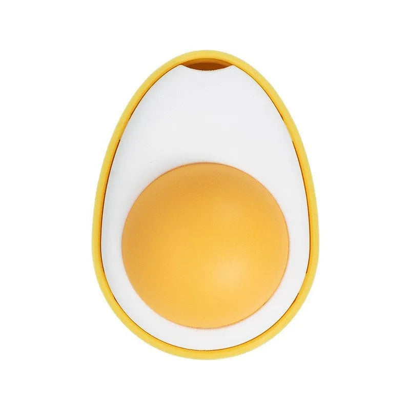 Interactive catnip ball toy stuck to wall with cat playing, showing fried egg and poached egg shape options