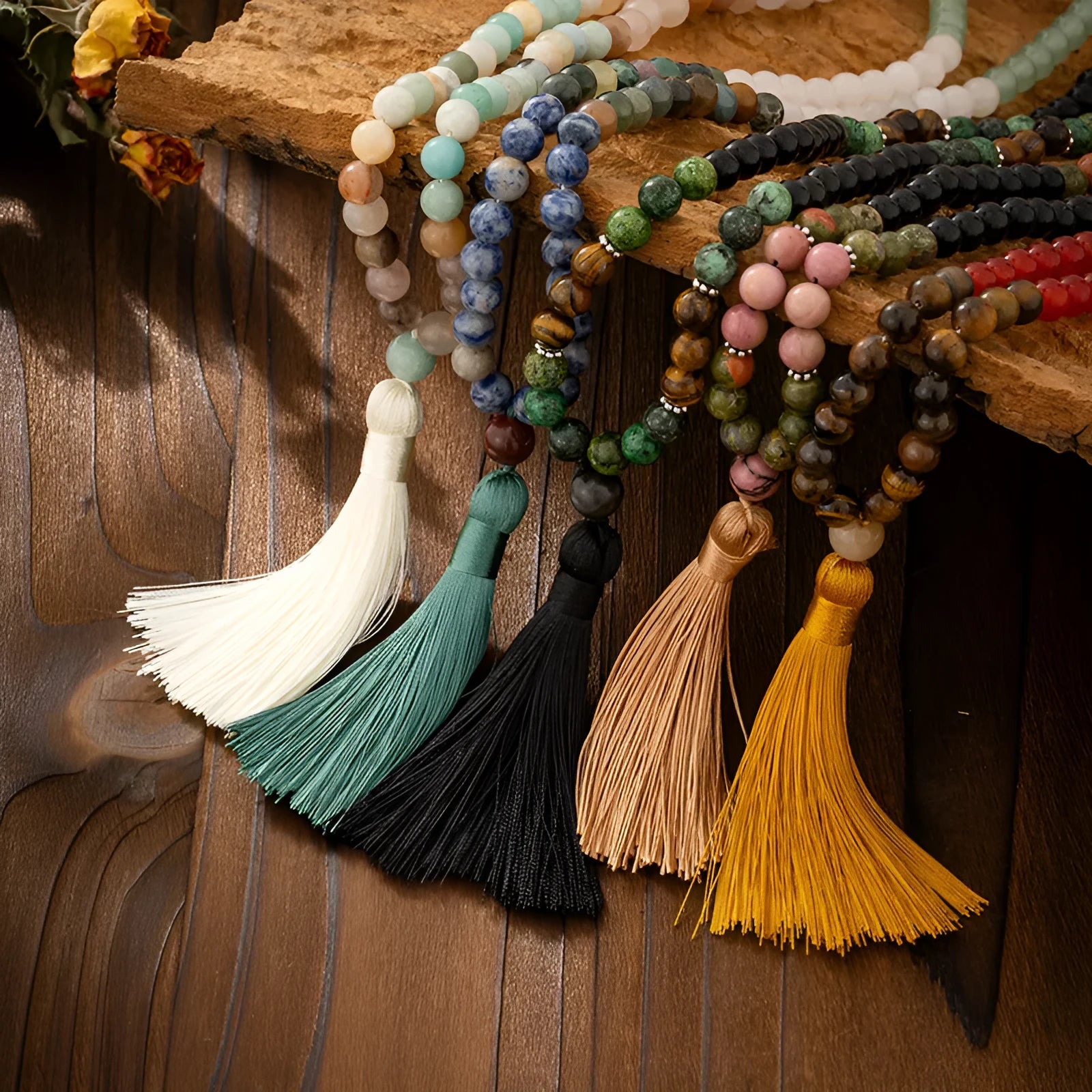 Vintage bohemian natural stone beaded long necklace and bracelet set with geometric round beads