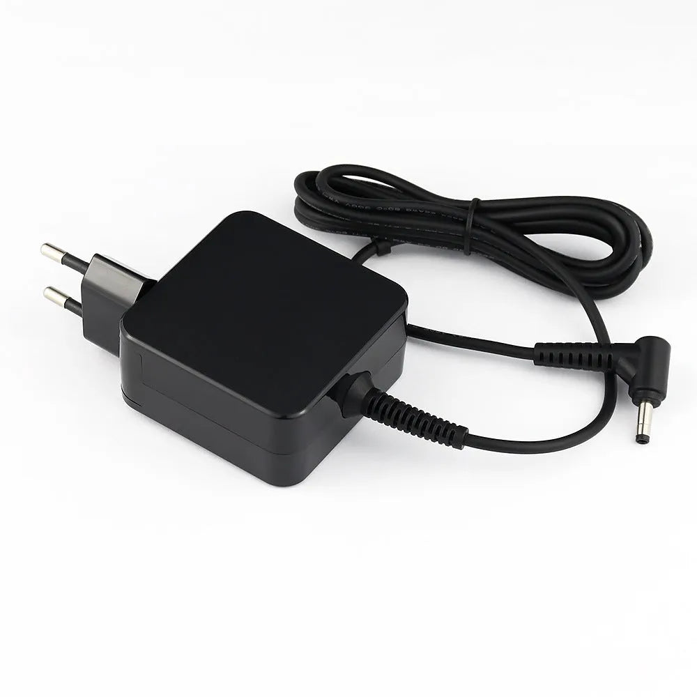 Black 45W Hua laptop adapter and charging cable with DC connector, shown with US and EU plug options.