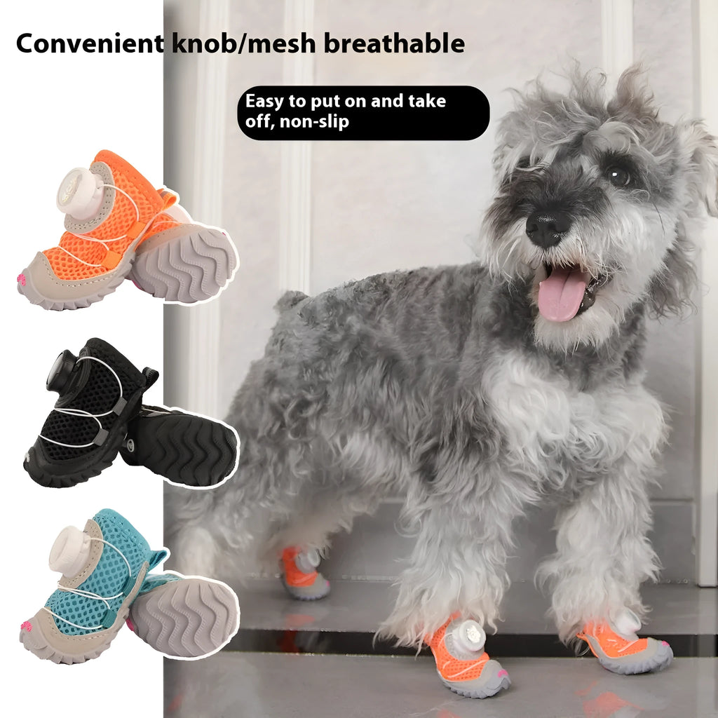 Small dog wearing soft Oxford sole non-slip shoes in blue, side view showing thin bottom