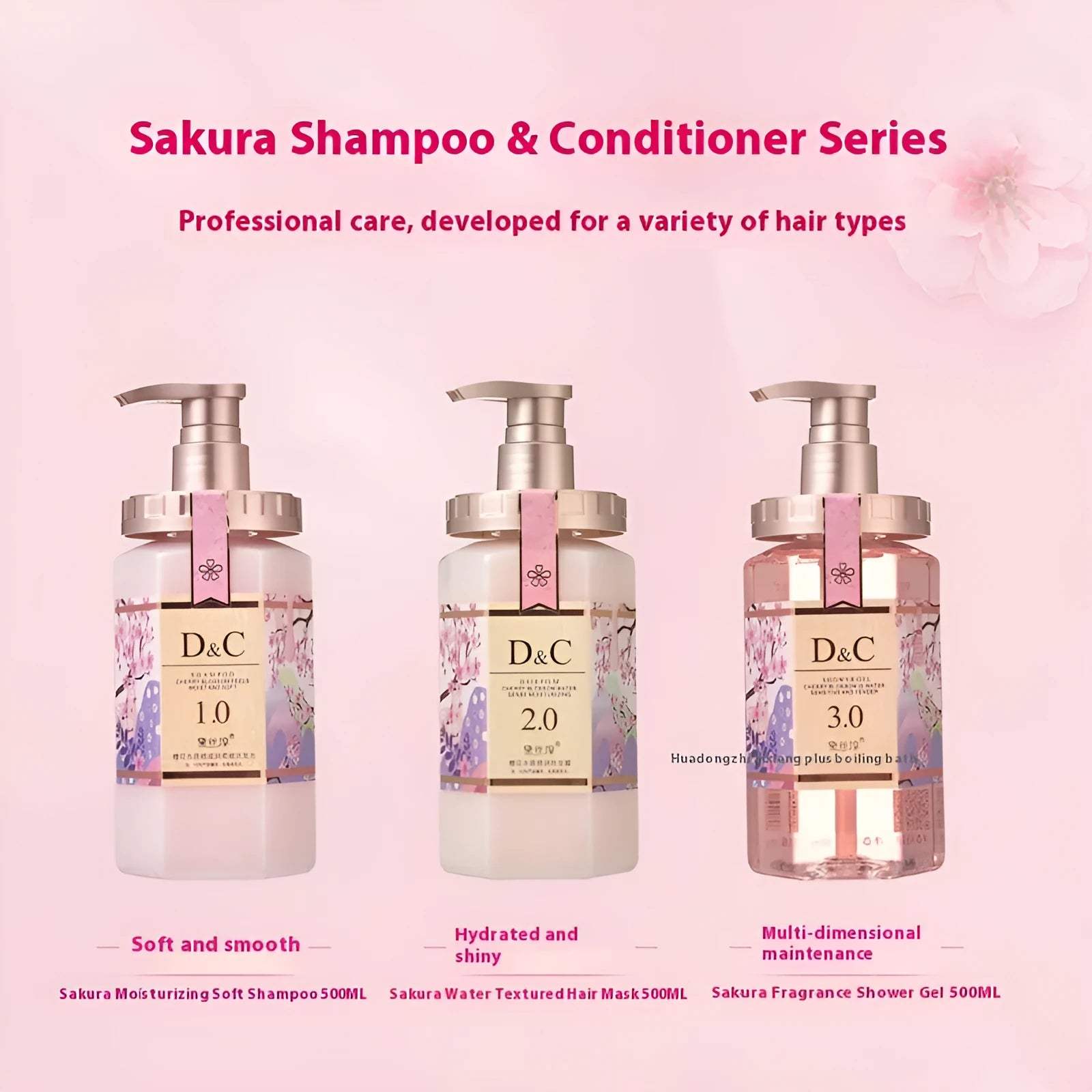 Sakura shampoo, conditioner and cherry blossom shower gel set, three 500ml bottles