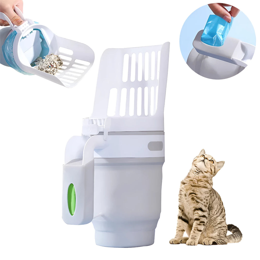 Grey self-cleaning cat litter scoop with integrated waste bin system and foldable bottom