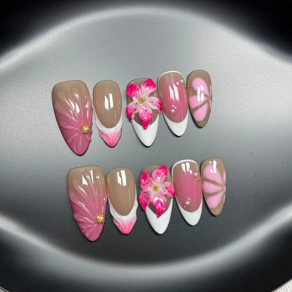 French style three-dimensional lily fluid ice flower artificial nails with almond shape designs