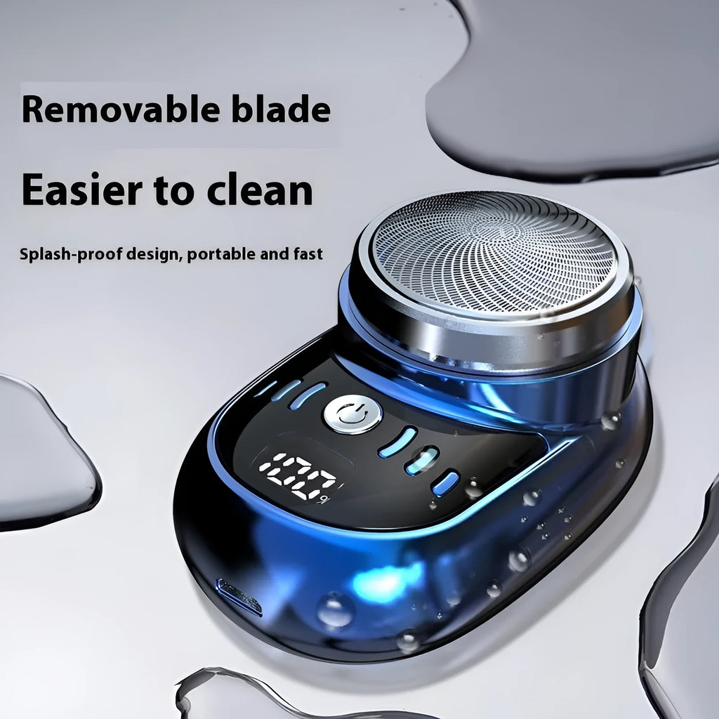 Mini electric shaver with LED digital display, black finish, and removable cutter head for travel use