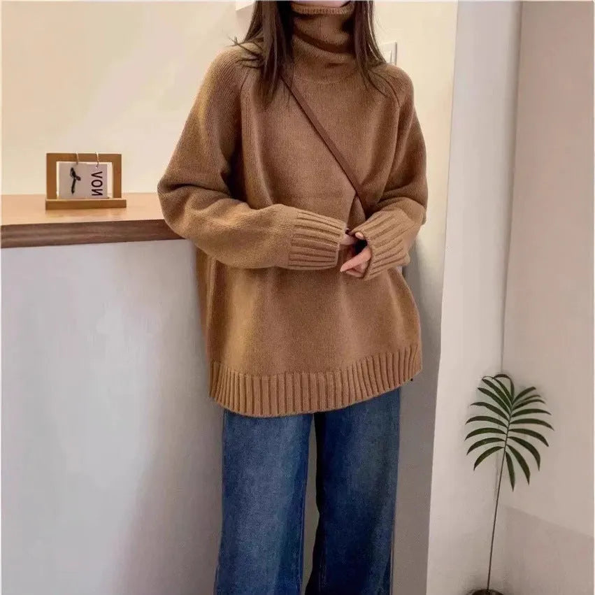 Women's loose turtleneck sweater with thick curling pile collar in red camel grey or black