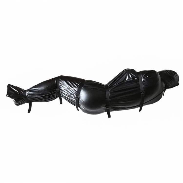 Black patent leather BDSM restraint set with full body wrap and six ratchet straps