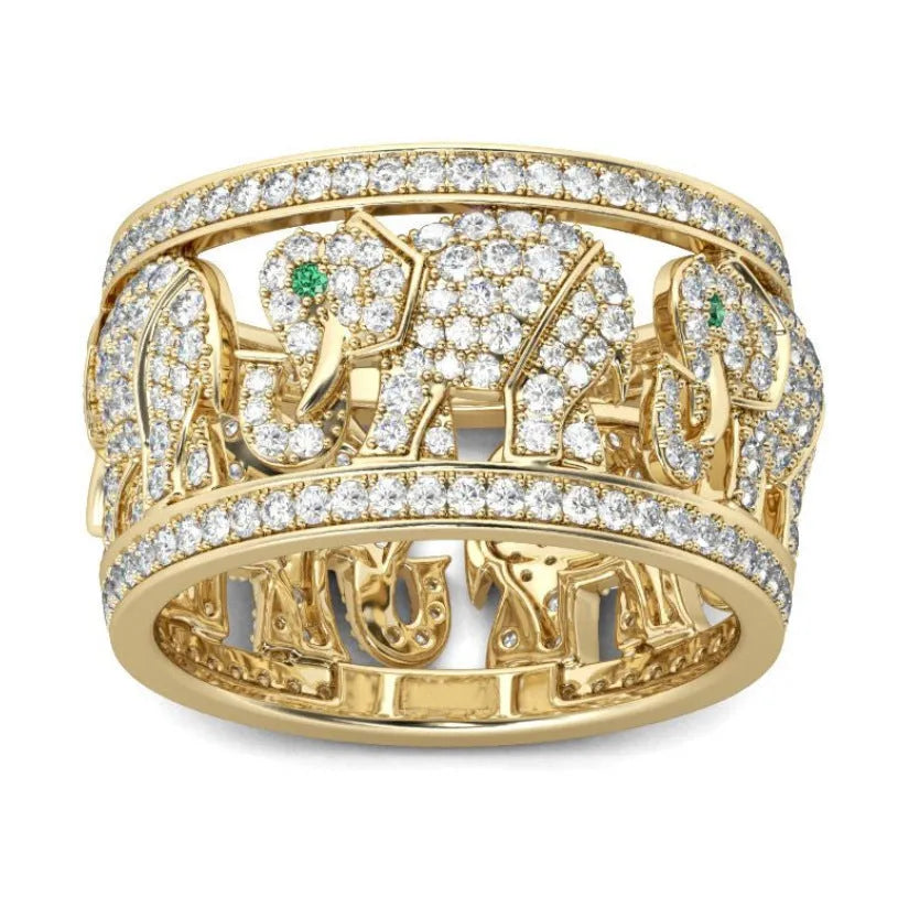 Alloy elephant ring with full diamond pave design shown in two colour options with size indicators