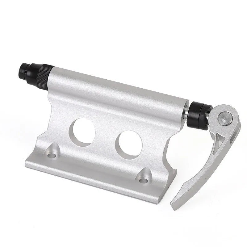 Silver metal quick-release fixing clip for bicycle handlebar or SUV rack accessory mounting