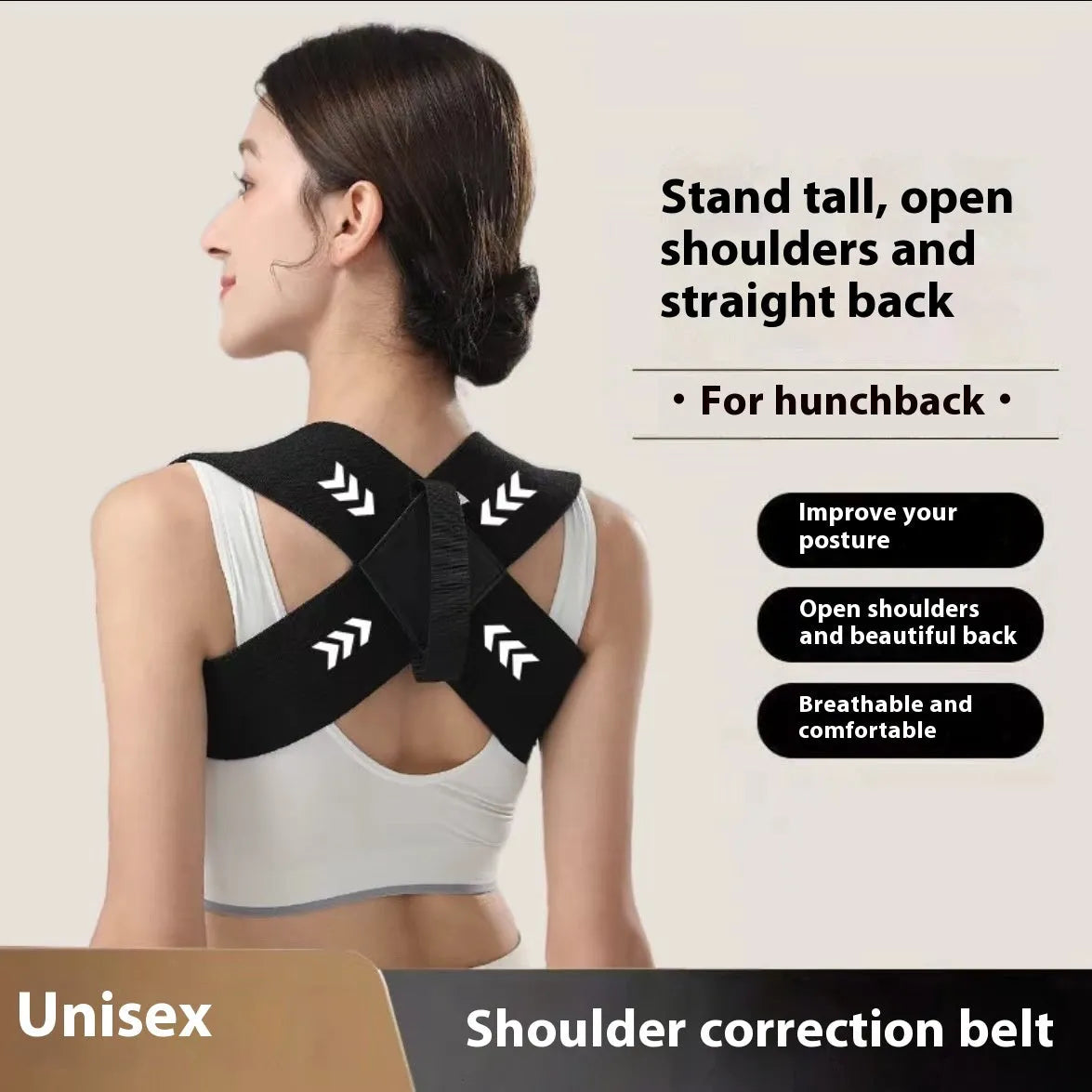 Adult posture corrector brace made of linen woven fabric in black, open shoulder design, available in sizes XS to XXL for men and women