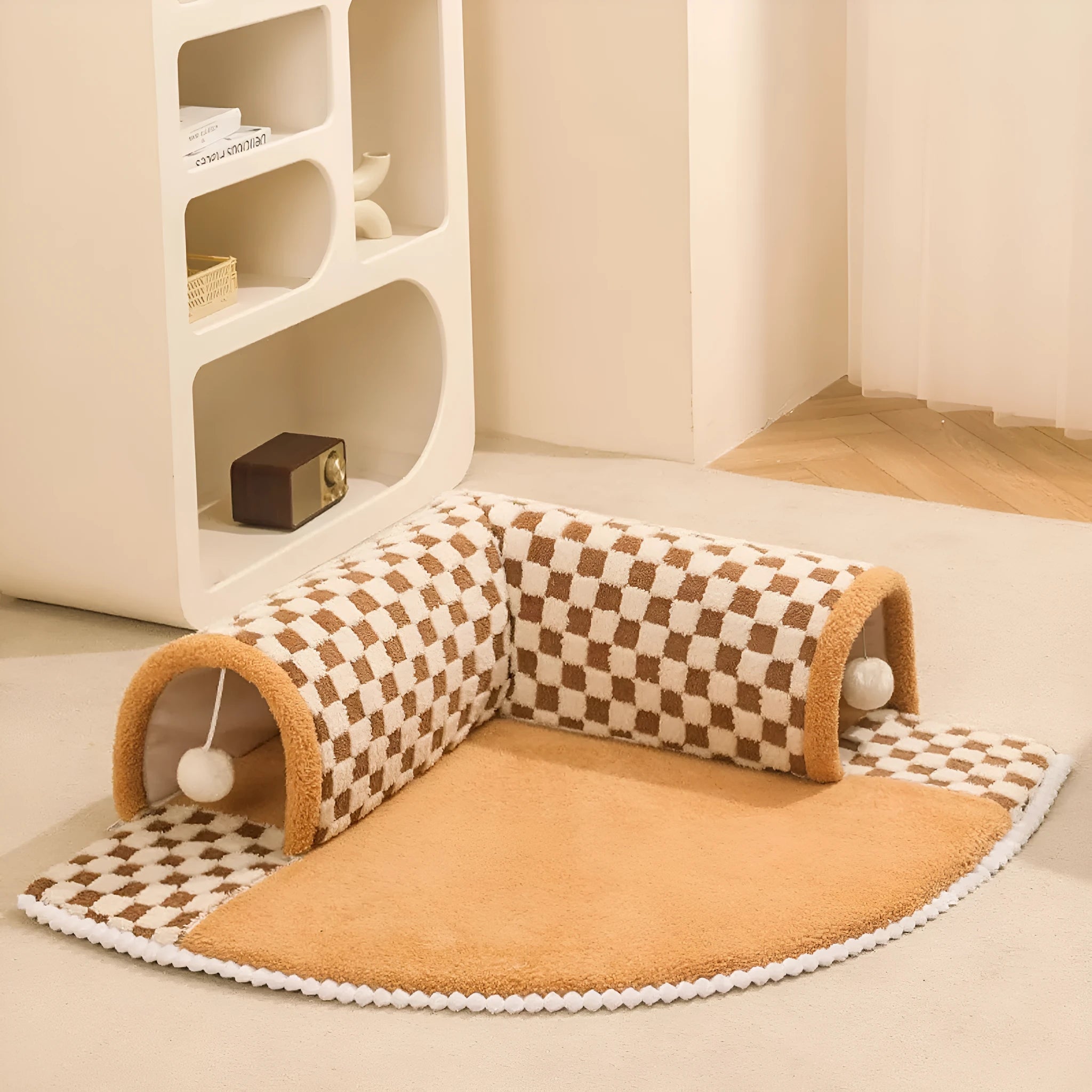 XL fan-shaped plush pet bed with integrated tunnel in plaid fabric, Coffee colour.