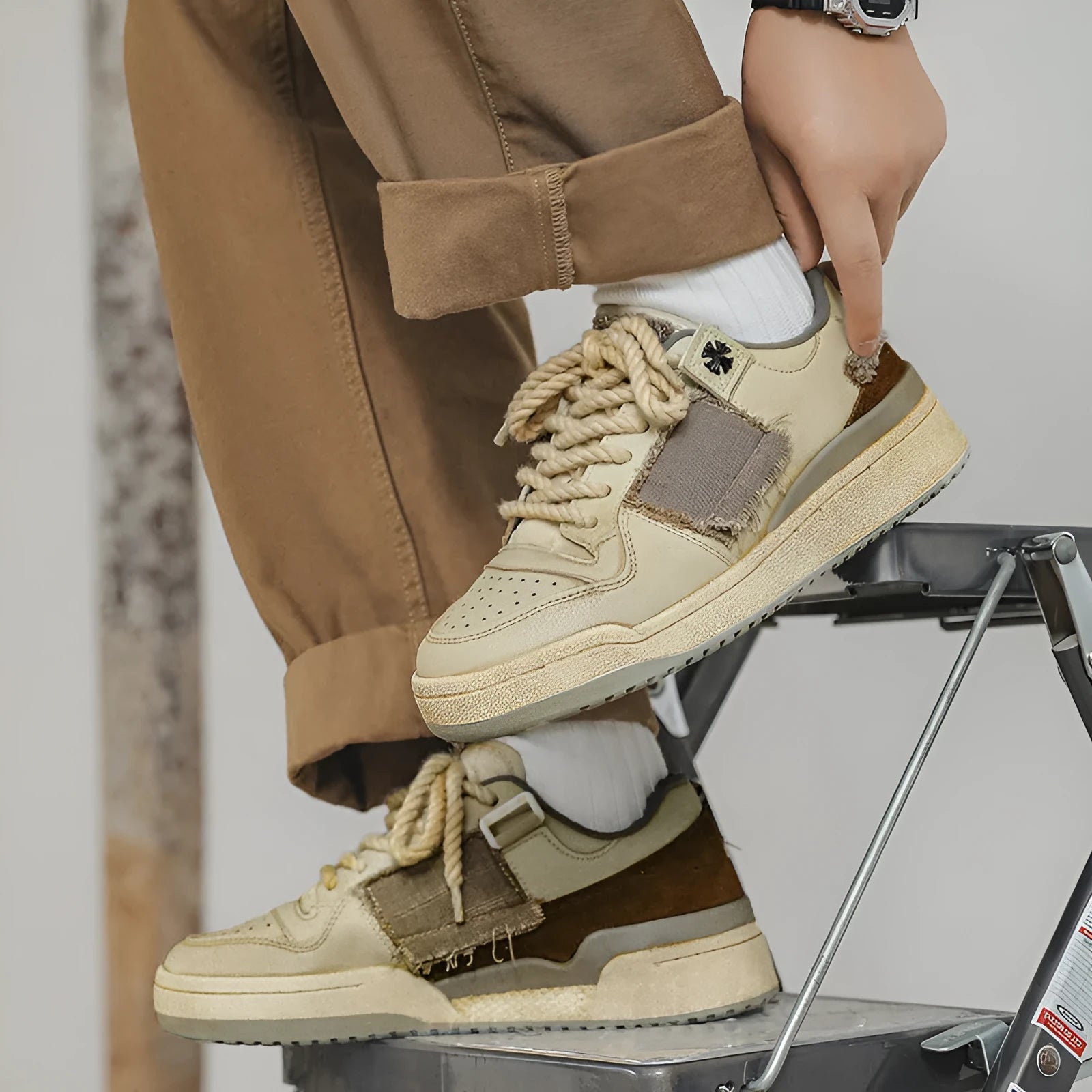 Beige vintage patch skateboard shoes with low-top design and round toe