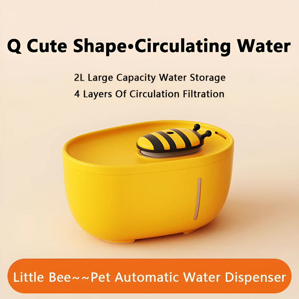 Yellow automatic cat water fountain with filtration system, water level window, and USB cable