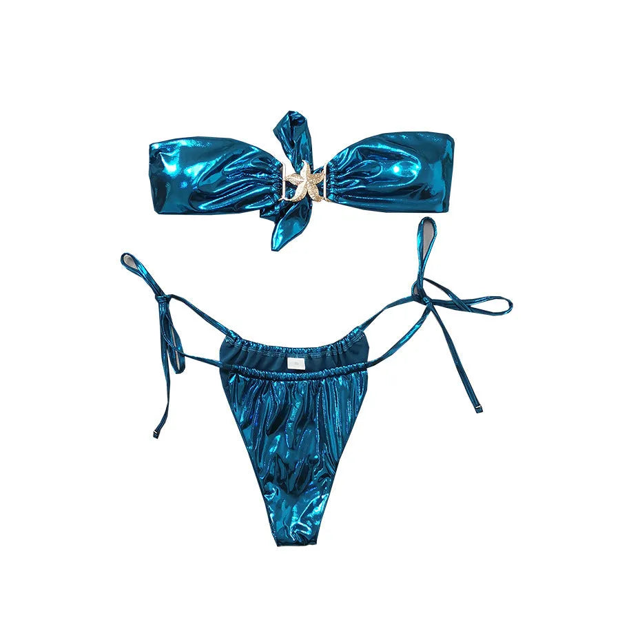 Women's sapphire blue glossy bikini with split tube top and gold starfish print.