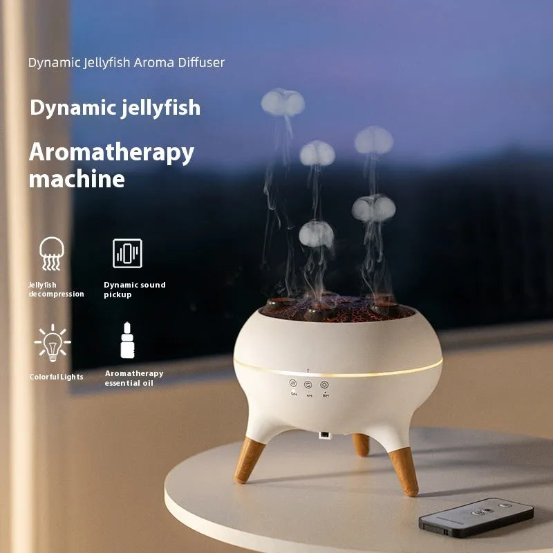 White jellyfish-shaped ultrasonic humidifier and aroma diffuser with remote control and timer on a table