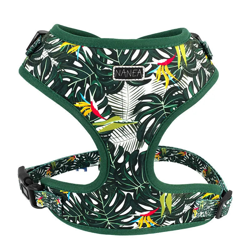 Adjustable cloth vest dog harness set with haulage rope, collar, bow tie, scarf, and pick-up bag in various colours.