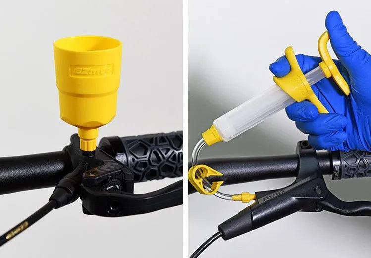 Bicycle hydraulic disc brake oil bleed kit with syringes, bottles, adapters and tools