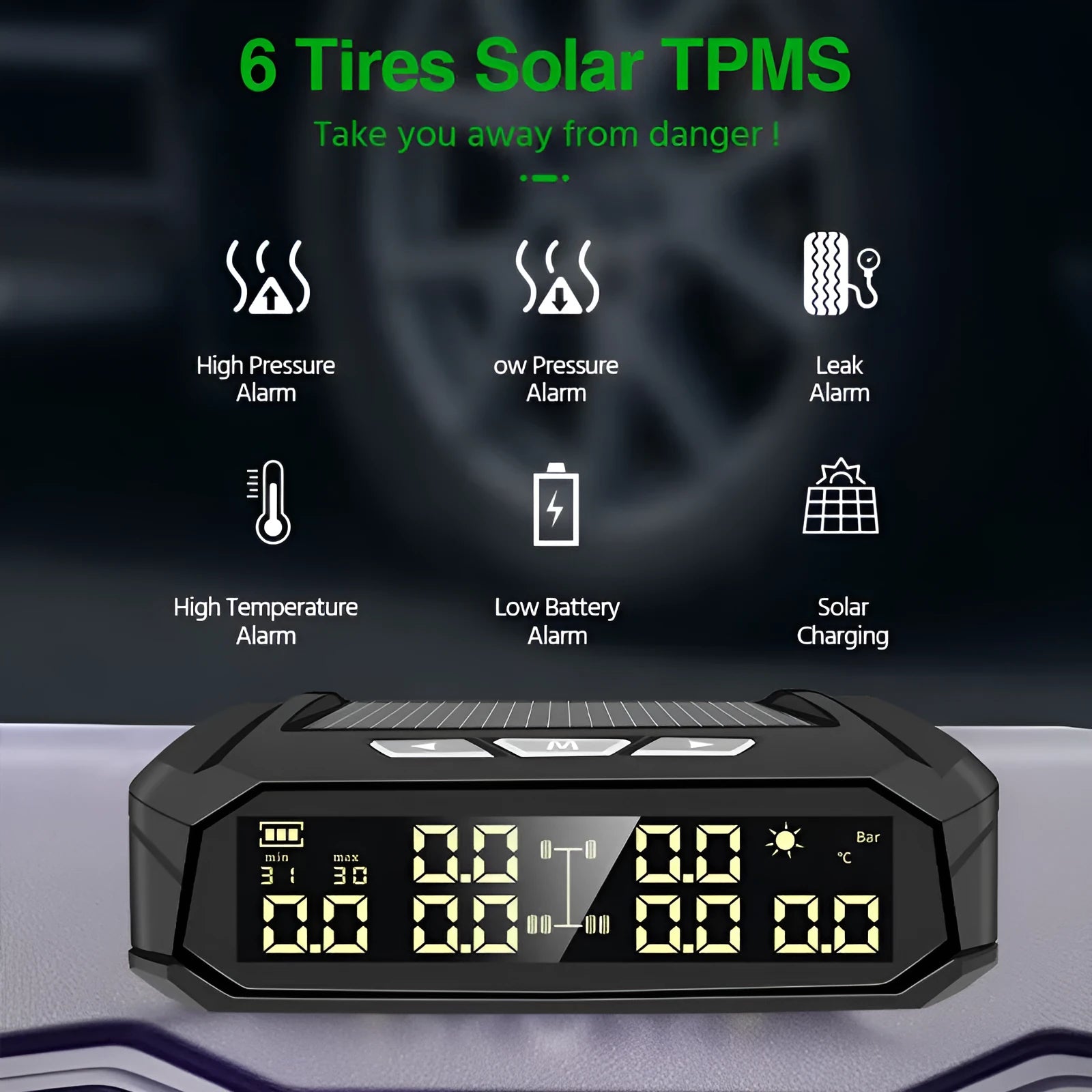 Solar external tyre pressure monitor with colour digital screen for 6-tyre vehicles