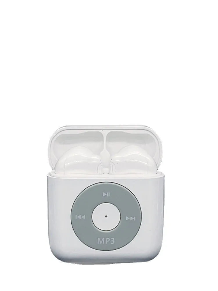 White wireless Bluetooth earphones with semi-in-ear design and a matching charging case.