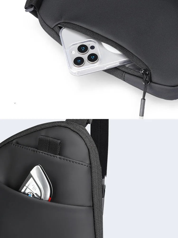 Men's black Oxford cloth crossbody bag showing reinforced sewing thread detail