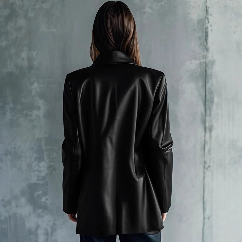 Black women's leather jacket medium length 65cm with long sleeves