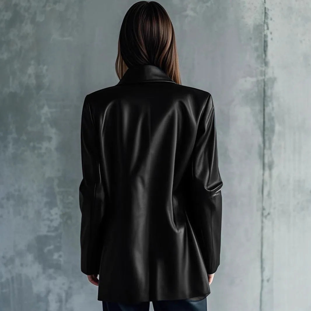 Black women's leather jacket medium length 65cm with long sleeves