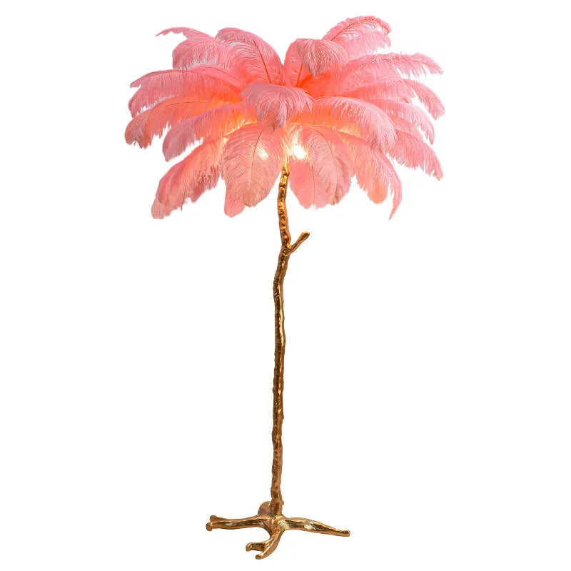 Nordic floor lamp with white feather shade and copper base, 170cm tall, placed in a living room corner