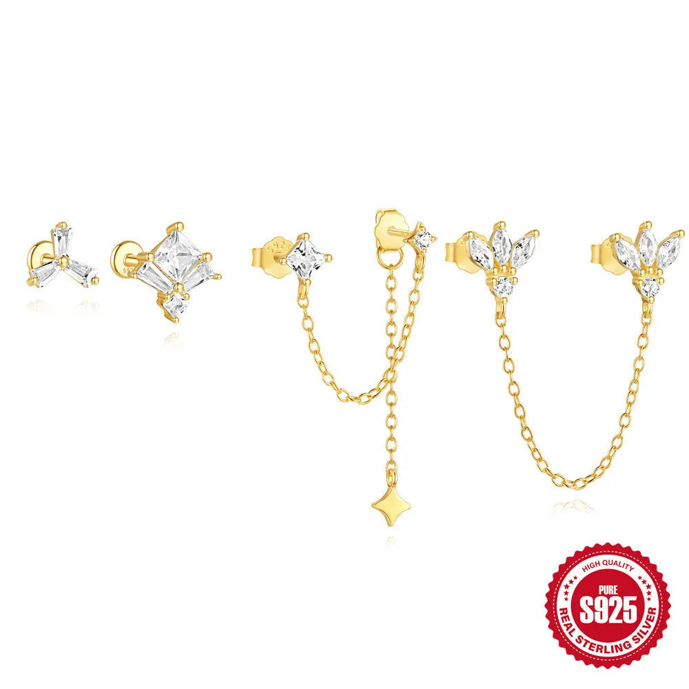 S925 sterling silver double ear piercing chain stud earrings with zircon stones in golden geometric designs